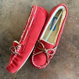 Moccasin Slippers Red Faux Suede Fleece Lined Loafers Women 10 Slim NIB Cozycore